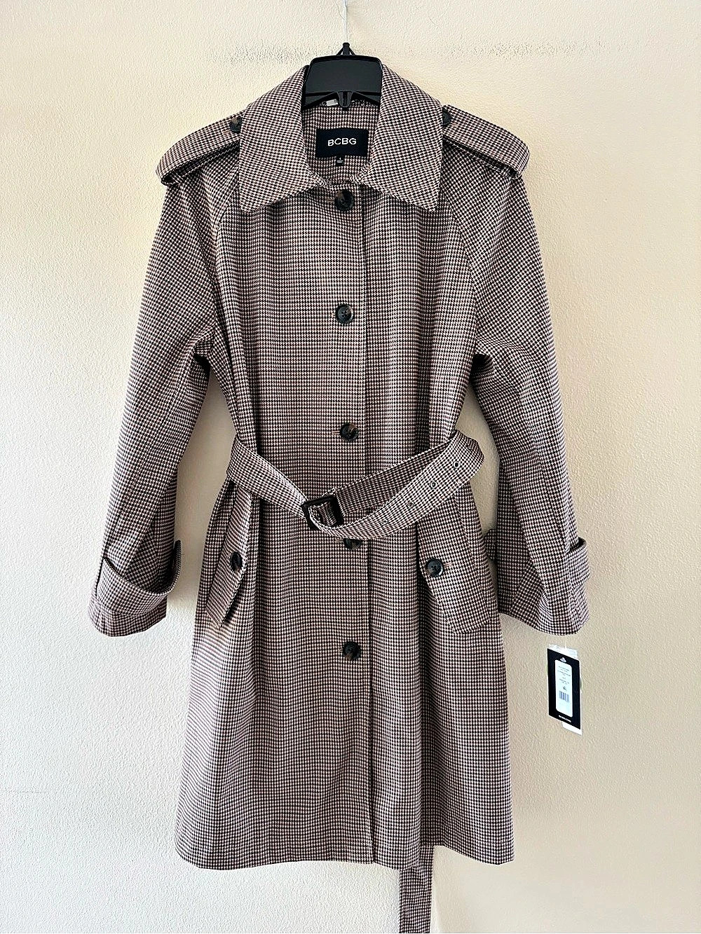 BCBG Belted Trench Coat Houndstooth Brown & Burgandy Large NWT